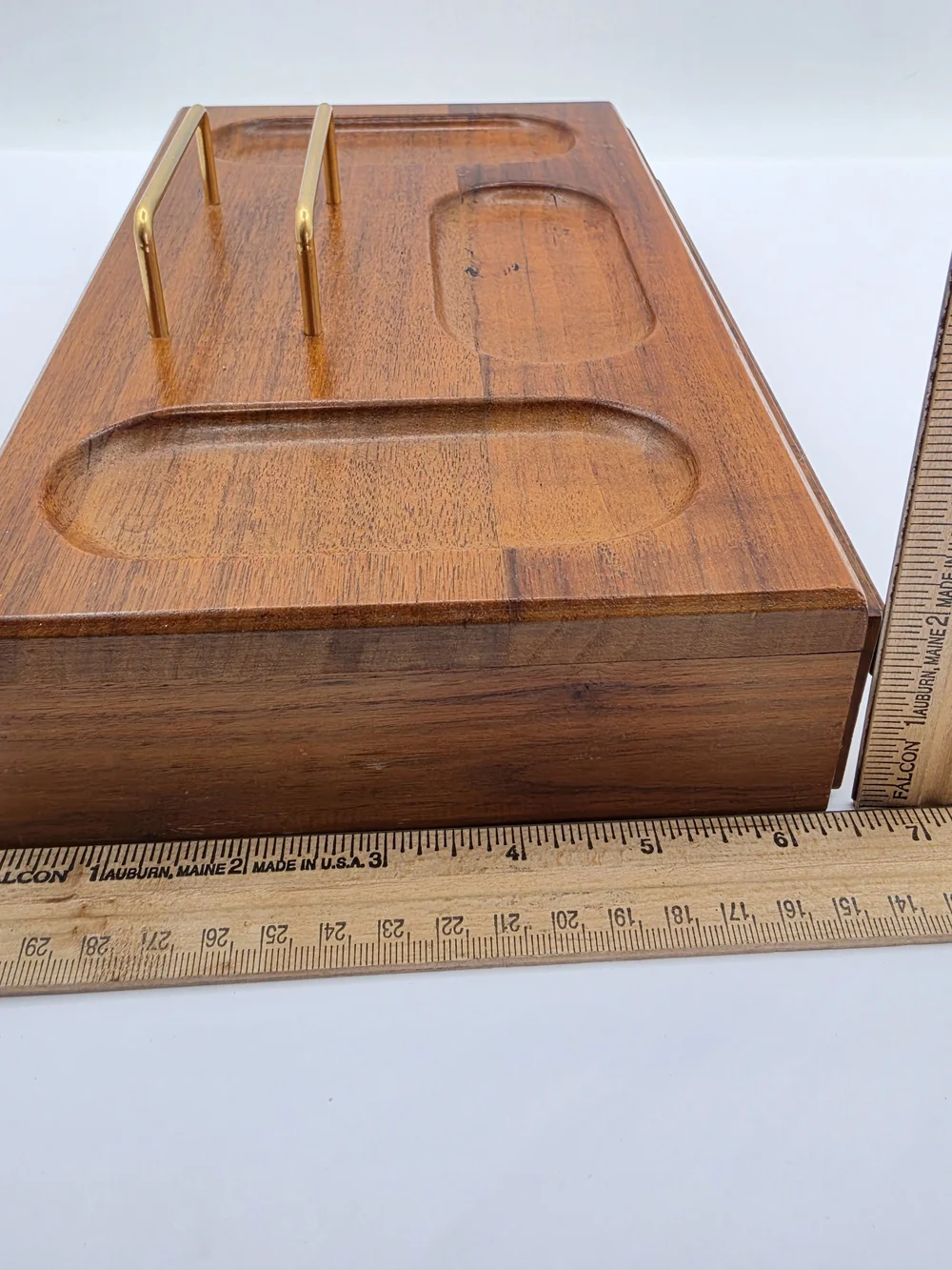 Vintage Wooden Jewelry Tray Mens  Valet with Red Velvet Interior and Gold Handle